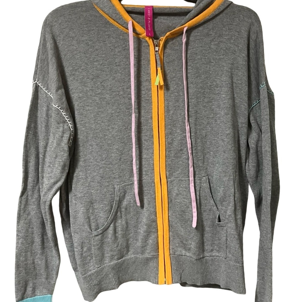Zaket & Plover Womens Grey Cotton Knit Smiley Face Zip Up‎ Hoodie Sweater Large